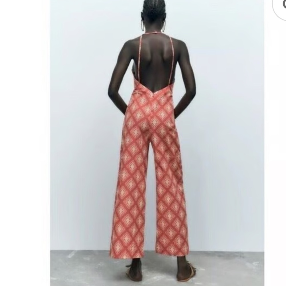 Zara Jami Jumpsuit 100% Cotton Terracotta and Cream Open Back Wide Leg - Picture 4 of 15